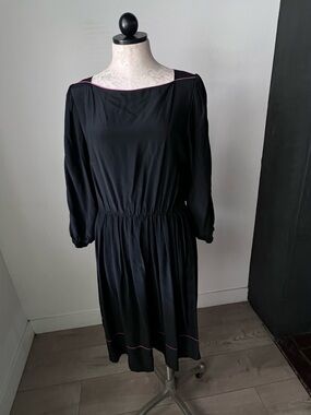 Vintage Royal Silk Black Pink Silk A-Line Dress Long Sleeve Knee Lght  100% Silk